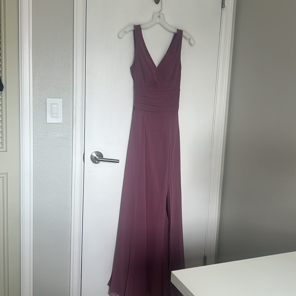 David's Bridal (F19831) Surplice Tank Long Chiffon Bridesmaid Dress in Chianti - Picture 3 of 11